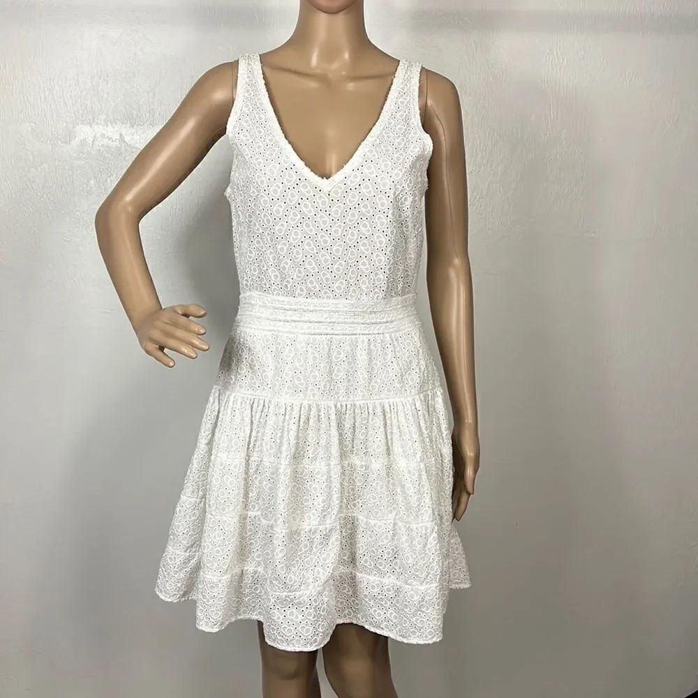 Maje White Cotton Sleeveless Eyelet Tiered Mini Dress Size L